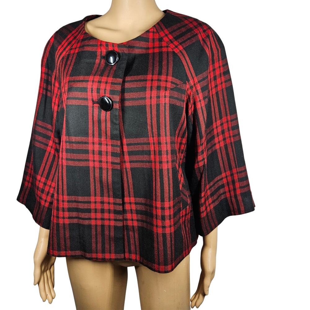 Larry Levine Plaid Red Black Cropped Oversized Button Up Collarless Blazer SZ 12